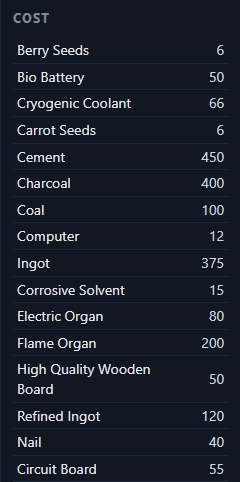 The Cost panel mid-build, showing a material list and the object-count line.