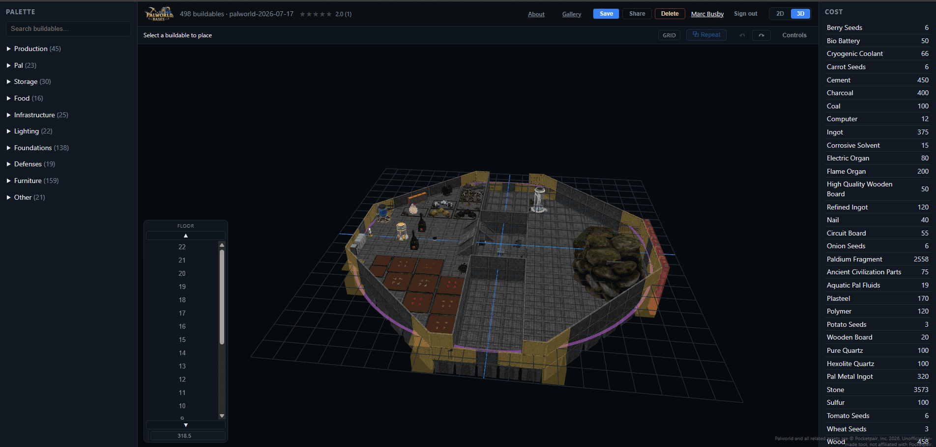A finished example base viewed in 3D, with foundations, walls, stations, and defenses all laid out.